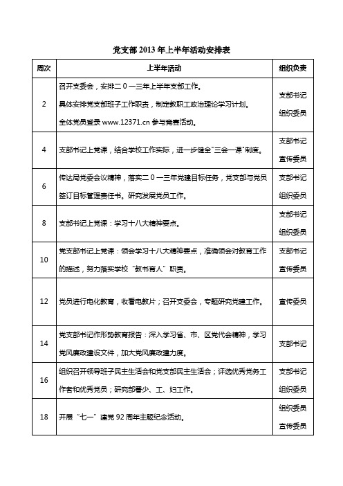 党支部活动安排表