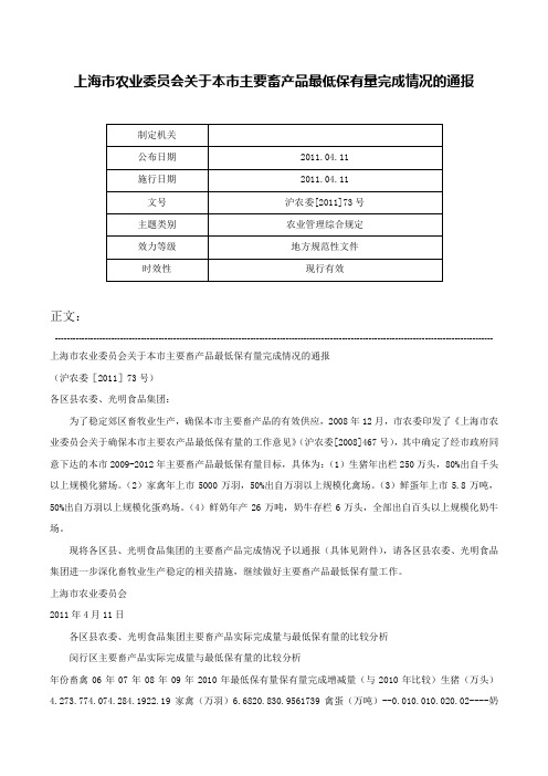 上海市农业委员会关于本市主要畜产品最低保有量完成情况的通报-沪农委[2011]73号