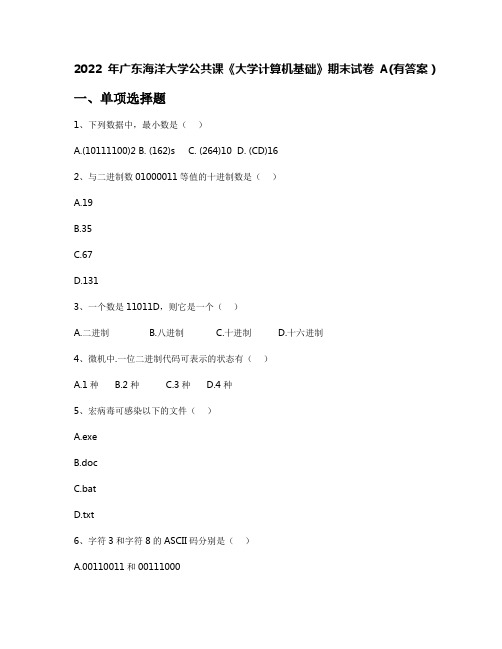 2022年广东海洋大学公共课《大学计算机基础》期末试卷A(有答案)