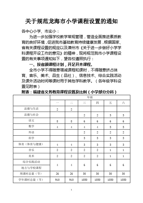 关于规范龙海市小学课程设置的通知