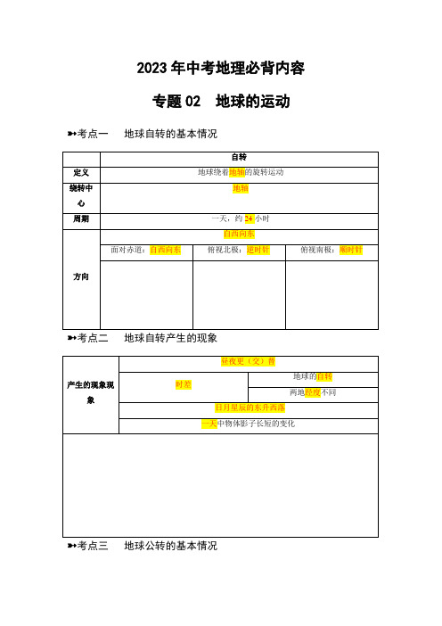 2023年中考地理必背专题02  地球的运动