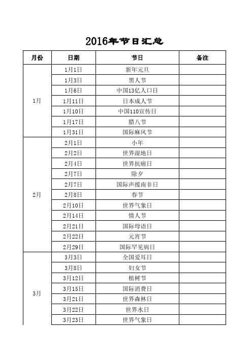 2016年节日汇总