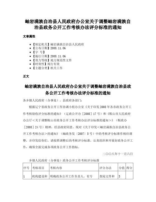 岫岩满族自治县人民政府办公室关于调整岫岩满族自治县政务公开工作考核办法评分标准的通知