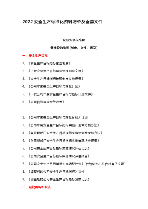 2022安全生产标准化资料清单及全套文件