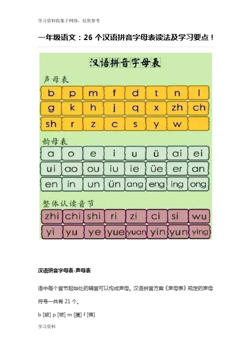 一年级语文：26个汉语拼音字母表读法及学习要点!