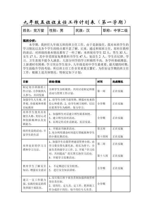 九年级5班班主任工作计 划表