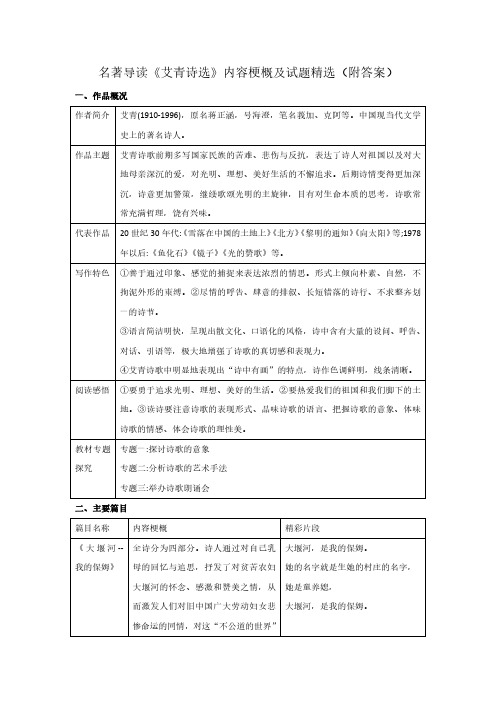 名著导读《艾青诗选》试题精选2022-2023学年度部编委语文九年级上册