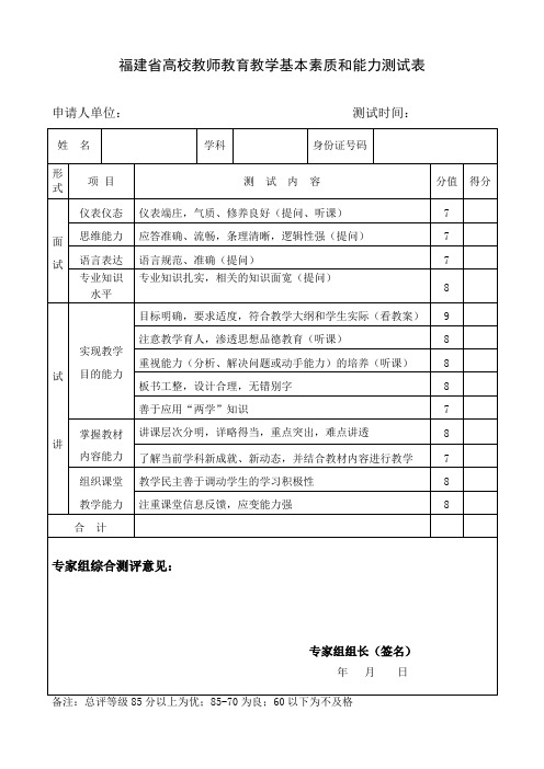 福建省高校教师教育教学基本素质和能力测试表