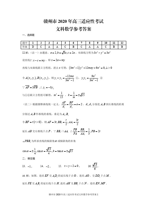 2020届江西省赣州市2017级高三适应性考试(二模考试)文科数学试卷参考答案