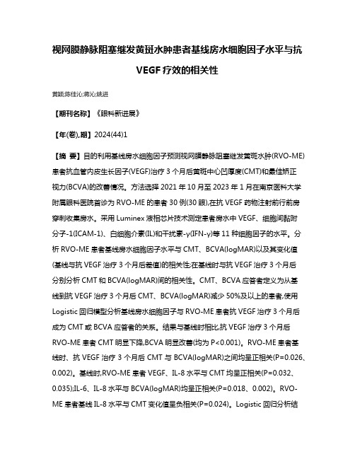 视网膜静脉阻塞继发黄斑水肿患者基线房水细胞因子水平与抗VEGF疗效的相关性