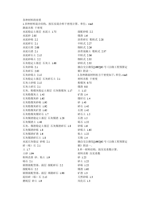 各种材料容重