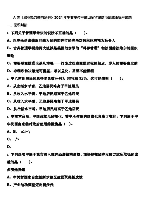 A类《职业能力倾向测验》2024年事业单位考试山东省潍坊市诸城市统考试题含解析