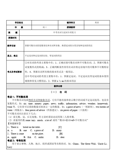 名词冠词中考复习教案