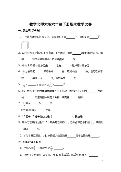 数学北师大版六年级下册期末测试题(附答案)2