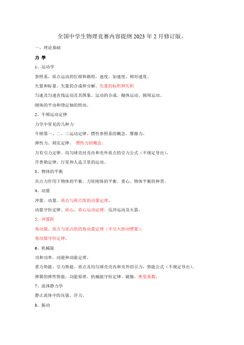 2023年全国中学生物理竞赛内容提要修订版