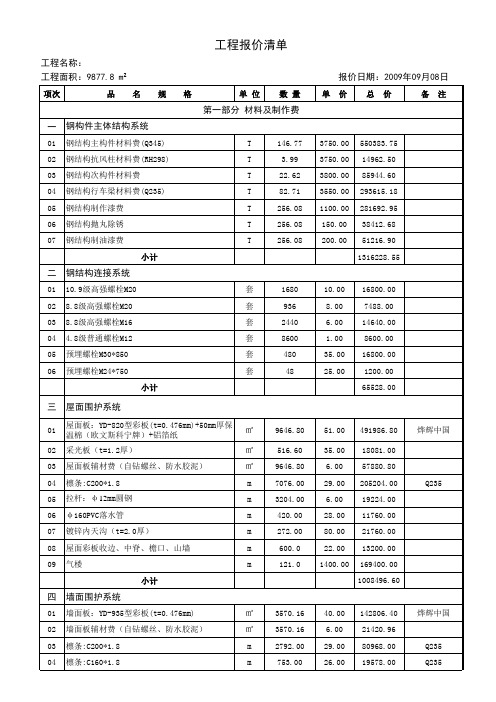 钢结构厂房报价单 