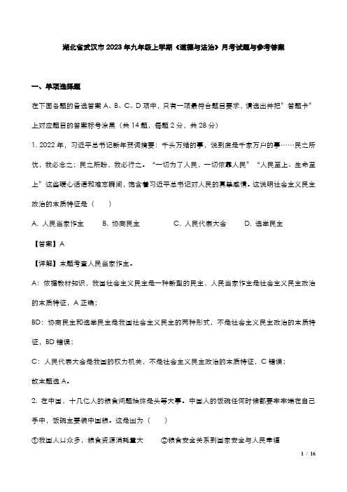 湖北省武汉市2023年九年级上学期《道德》月考试题与参考答案