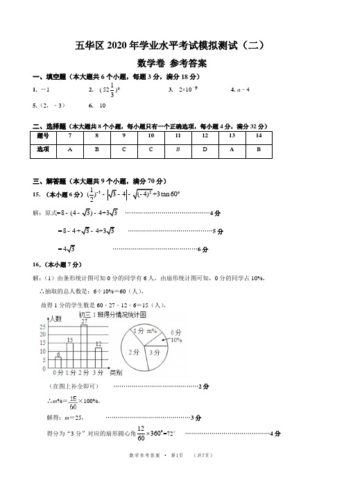 2020年昆明市五华区初中学业水平考试模拟测试(二)数学参考答案