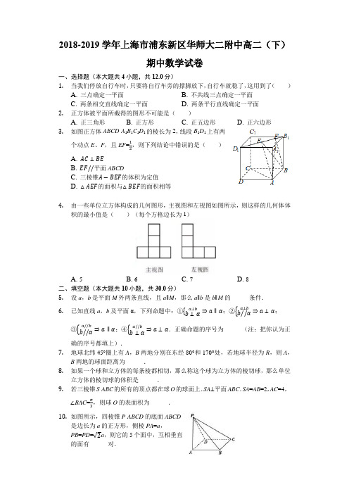 20182019学年上海市浦东新区华师大二附中高二下期中数学试卷解析版.docx