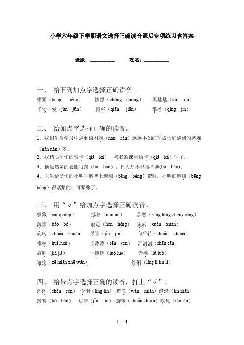 小学六年级下学期语文选择正确读音课后专项练习含答案