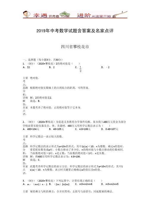 2019年中考数学试题含答案及名家点评：攀枝花市