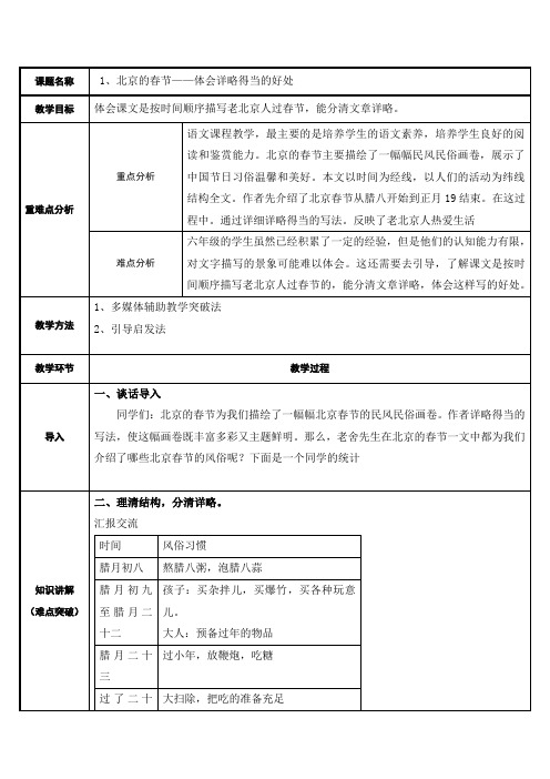 小学语文部编版六年级下册1 北京的春节   教案