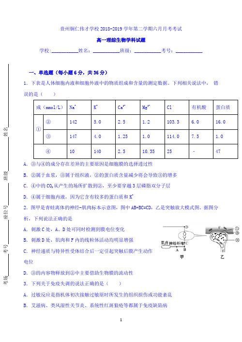 贵州省贵州铜仁伟才学校2018-2019学年高一下学期6月月考理科综合试题Word版含答案