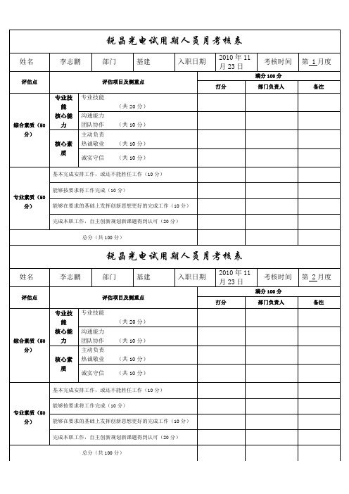 试用期员工月度考核表