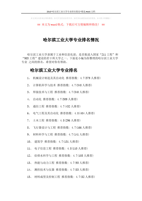 2018-哈尔滨工业大学专业排名情况-精选word文档 (4页)