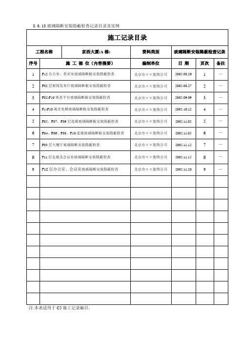 8.6.13玻璃隔断板安装隐蔽检查记录目录及实例