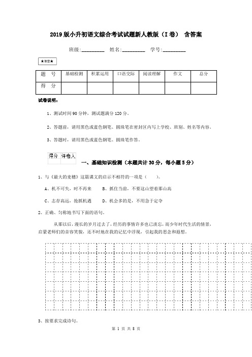 2019版小升初语文综合考试试题新人教版(I卷) 含答案