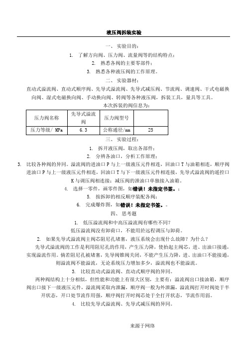 液压阀拆装实验报告