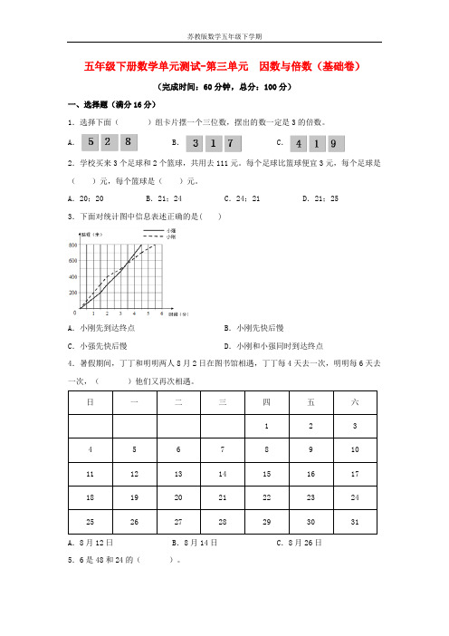 【分层训练】五年级下册数学单元测试-第三单元  因数与倍数(基础卷)  苏教版(含答案)