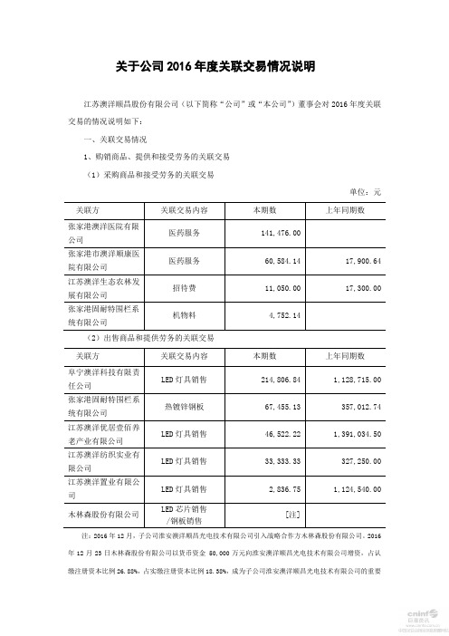 关于公司2016年度关联交易情况说明