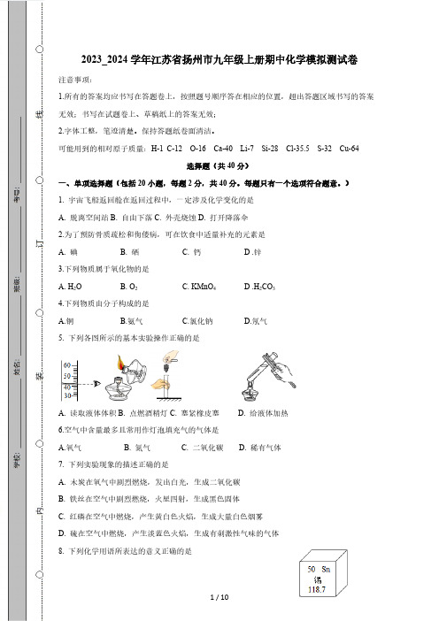 2023_2024学年江苏省扬州市九年级上册期中化学模拟测试卷(附答案)