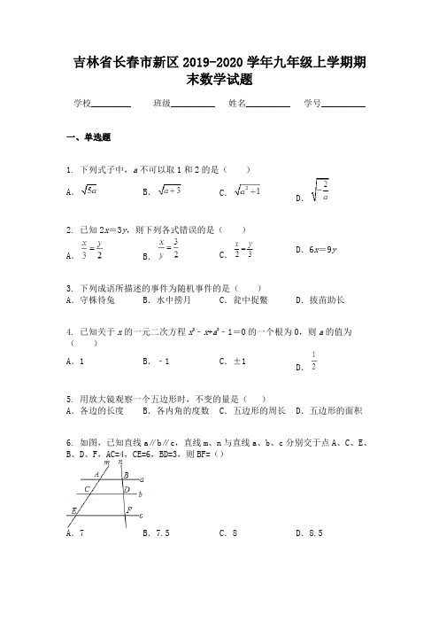 吉林省长春市新区2019-2020学年九年级上学期期末数学试题