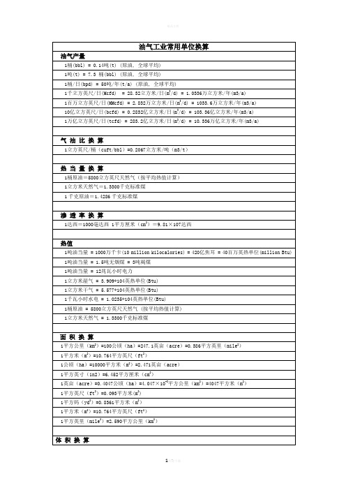 油气单位换算及常用词汇