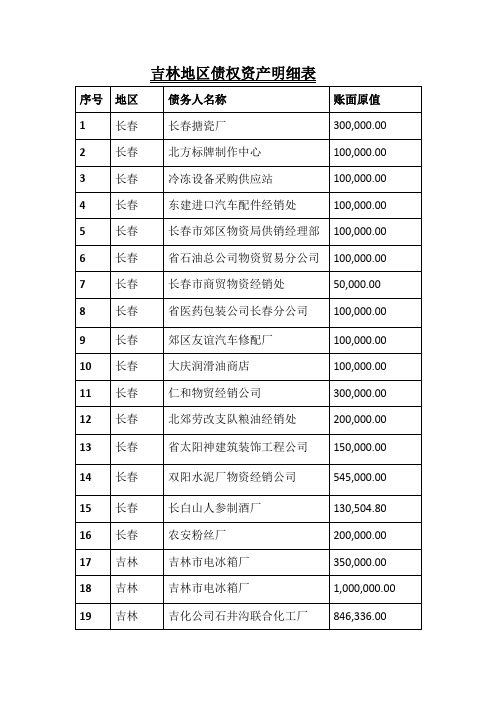 吉林地区债权资产明细表