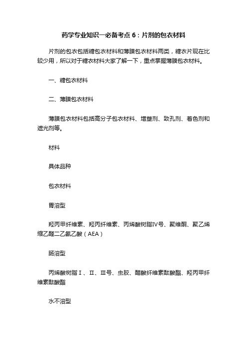 药学专业知识一必备考点6：片剂的包衣材料