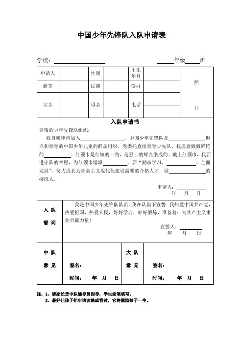 少先队员入队登记表