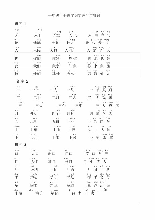 部编本一年级上册语文识字表组词