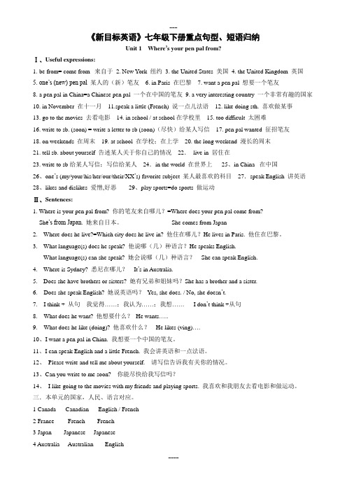 《新目标英语》七年级下册1--7单元重点句型、短语归纳