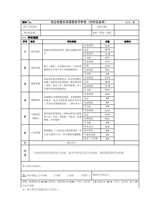 供应商售后保修服务评审表 (材料设备类)