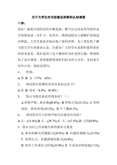 关于大学生对当前就业形势的认知调查问卷