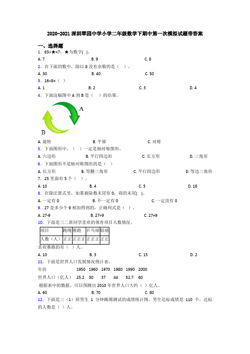 2020-2021深圳翠园中学小学二年级数学下期中第一次模拟试题带答案