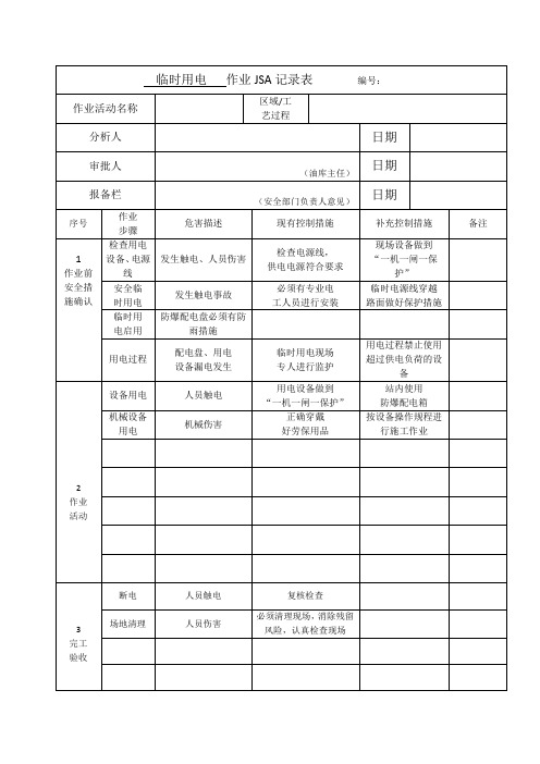 油库单位7大作业JSA作业危害分析简表