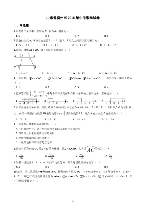 山东省滨州市2018年中考数学试卷(含答案解析)