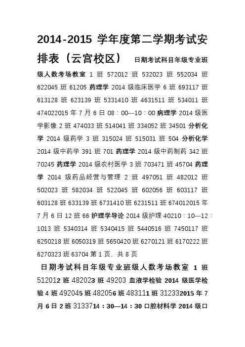 2014-2015学年度第二学期期末考试安排表