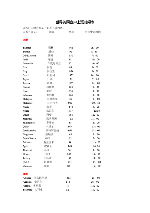 世界各国客户上班时间表