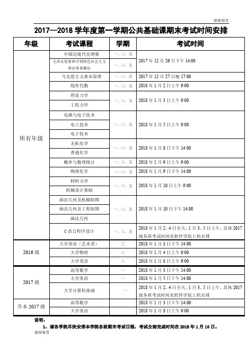 20172018学年度第一学期公共基础课期末考试时间安排 .doc